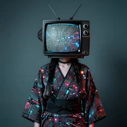 Portrait of a punk goth fashion fractal alien girl with a television head wearing kimono made of circuits and leds, surreal photography by Man Ray