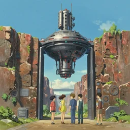 canyon with giant gate, nuclear powered, detailed, futuristic, cory loftis, james gilleard, atey ghailan, makoto shinkai, goro fujita, studio ghibli, rim light, exquisite lighting, clear focus, very coherent, plain background