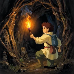 an adventurer lights a torch in the depths of a dark dungeon, dramatic lighting, fluid, smooth, bright, colours, high contrast, sharpness, very detailed, intricate, by studio ghibli, mucha and studio disney and caravaggio