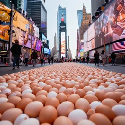 a highly detailed, realistic photo of New York Time Square, the ground is completely filled with eggs, intricate, 8k highly professionally detailed, HDR