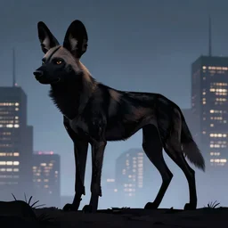 a cyberpunk african wild dog, silhouette against a cityscape, by paul lehr