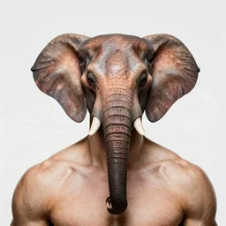 high resolution photo portrait of muscular animal human merged head skin ears, background removed, scales skin dog, cat merged elephant head cow, chicken face morphed fish head, gills, horse head animal merge, morphing dog head, animal eyes, merging crocodile head, anthropomorphic creature