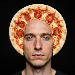 portrait of man with a rare deformational condition making the head flat and circular like a pizza, head looks exactly like a pizza, doughy skin with white pores, blemishes look like tomatoes, soft lighting, sharp focus, highly symmetrical, head and shoulders portrait, black background, masterpiece by arnold newman