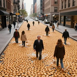 a photograph of a new york street the roads are made of baked beans, pedestrians wade through the beans at waist height, by Claes Oldenburg, pop art, 3D render, Volumetric dynamic lighting, Highly Detailed, Cinematic Lighting, Unreal Engine, 8k, HD