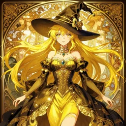 symmetry!!!!!! beautiful anime yellow witch close portrait, wearing ornate clothing, ultra detailed, elegant, intrincate, anime, video game art, fairy tale, dynamic lighting, digital art, digital painting, artstation, wlop, sharp focus, illustration, art by artgerm and greg rutkowski and alphonse mucha, 8 k
