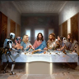 the last supper where jesus is a robot and the apostles are hippies, digital art