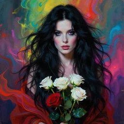 portrait of kate bush against a neon multicolored background, lush black hair, pale skin, small white and red roses, flowing material, intricate, beautiful cinematic lighting, stunning painting by android jones, wadim kashin, annie leibovitz