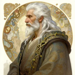 painted portrait ofthe smartest man on the planet, side view white hair masculine mature mountain vines handsome imposing body hair upper body burly robe fantasy intricate elegant extremely detailed digital painting trending artstation concept art sharp focus illustration art by alphonse mucha greg rutkowski craig mullins
