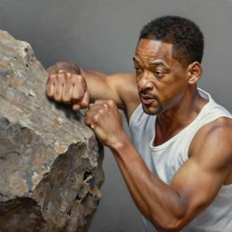 realistic oil painting of will smith punching a rock, detailed, by rembrandt van rijn, lisa frank, hr giger, beksinski, anato finnstark!!, 8 k resolution, beautiful lighting, studio light, extremely detailed, establishing shot, realistic materials, hyperrealistic