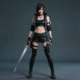 full length portrait photograph of a real-life beautiful woman cyberpunk assassin with dagger.  Extremely detailed. 8k