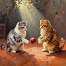 Două pisici jucând ping-pong pe fundal portocaliu, oil painting