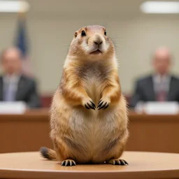 a prairie dog in a press conferece room, giving a presidential speech