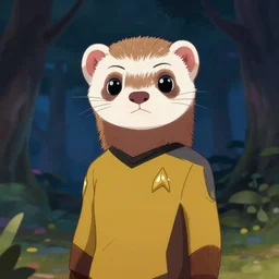 a portrait of a female ferret in starfleet uniform at night in a dark forest. zootopia fursona furaffinity furry art detailed face painting by gaston bussiere craig mullins jc leyendecker gustav klimt artgerm greg rutkowski furry