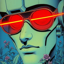 risograph grainy painting of gigantic huge evangelion - like hero protagonist face, matte colors, with huge earrings and glasses with a lot of details and lasers, covered with plants, by moebius and dirk dzimirsky and satisho kon, blue hour, close - up wide portrait