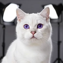 photo still of white cat with purple eyes, 8 k, studio lighting bright ambient lighting key light, 8 5 mm f 1. 8