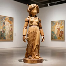 octane render ultra photorealistic hyper detailed, a very very cute wooden mystical statue robot of the roman godess natural in a contemporary art gallery in neo tokyo artwork by alphonse mucha
