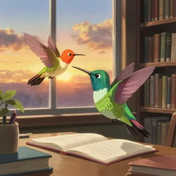 a flaming firehummingbird studying in for an exam in a library, next to a window showing a sunset studio ghibli render art