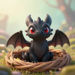a portrait of a cute happy tiny black dragon hatchling inside a nest, red eyes, artstation, by magali villeneuve, by greg rutkowski, depth of field, beautiful lighting, pastel colors, bokeh, fantasy art