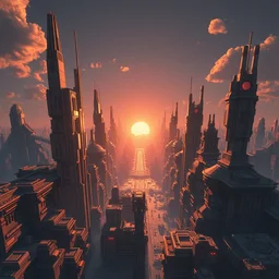 futuristic advanced metropolis, highly detailed relics, bright sun magic hour, digital painting, solid cube of light, hard edges, artstation, sharp focus, illustration, 8 k highly detailed, aerial view