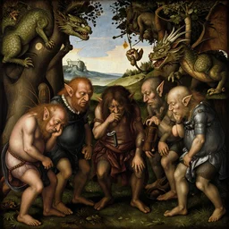 renaissance painting of depressed goblins and dragons, by Sandro Botticelli