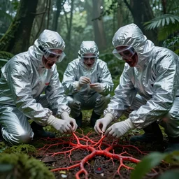scientists in a silver suit collecting samples of the red blood veins on the green jungle ground, award winning photograph, sci - fi, horror, creepy, highly detailed