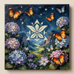 a beautiful painting of hydrangea which consists of all sorts of exotic butterflies, clematis theme logo, exotic butterflies theme, exotic butterflies design, clematis in the deep sea, clematis like stars in the sky, hydrangea, landscape of the mountain valley in the background, trending on artstation, warm light, fantasy art, 8 k resolution, highly detailed