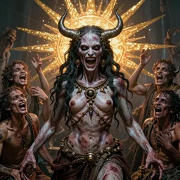 hyper realistic portrait photo of hell with people suffering, portrait shot, intricate detail, glittering sun rays