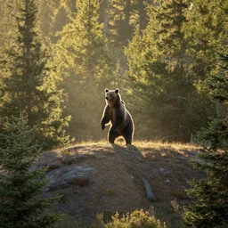 beautiful wooded landscape, wide shot of a large grizzly bear on it's hind legs on top of a large hill with light shining through the trees in the early morning, global illumination, volumetric shadows, volumetric lighting, in the style of field and stream