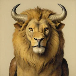 a creature with the body and eyes of a man, beak of an eagle instead of the nose, the mane of a lion, two horns of an ox on the head. drawn by rene magritte