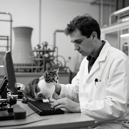 cat scientist working at the chernobyl nuclear power plant, black & white photo