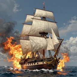 sail frigate in burning sea, unreal engine realistic render, 8 k, micro detail, intricate, elegant, highly detailed, centered, digital painting, artstation, smooth, sharp focus, illustration, artgerm, tomasz alen kopera, peter mohrbacher, donato giancola, joseph christian leyendecker, wlop, boris vallejo