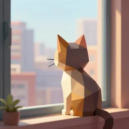 low poly cat staring out of a window with a highly detailed cityscape outside the window