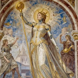 mural of a beautiful young cyborg queen, stunning royal gown, golden sci fi royal staff, reaching towards the heavens, sci fi world, highly detailed holy imagery, renaissance mural, in the style of sandro boticceli
