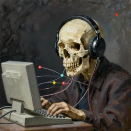 a painting by Thomas Cole of a skull wearing headphones connected with many wires and coords to an old computer terminal, highly detailed