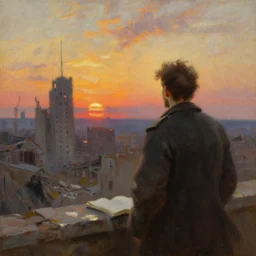 The last man on Earth looks out across a ruined city at sunset, oil painting by Ivan Aivazovsky