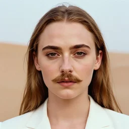 photo, sophie turner, handlebar mustache, morocco, white clothing, ektachrome, portrait, close up, 5 0 mm,