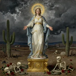 realistic michael angelo painting of glowing elegant ornamented virgin saint sally hawkins face dressed rococo standing over a roman gold-made pedestal in a barren land with cactus. stormy weather. apocalypsis. skleletons roses and serpents on the floor