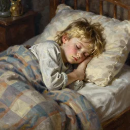an oil painting of a young boy with long blonde hair sleeping in bed with a checkered comforter