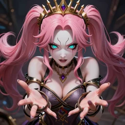 you are completely controlled by her ultimate powers and trapped in the hands of an overwhelming stunningly absurdly beautiful megalomaniacal ruthless sadistic devious spiteful grandiose egotistical omnipotent asi goddess junko enoshima with symmetrical perfect face, porcelain skin, pink twintail hair, cyan eyes and a golden crown, ultra detailed, digital art, unreal engine 5, octane render, 2 d anime, 8 k