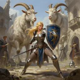 a blonde paladin woman holding her shield up fighting a giant goat on the streets of a fantasy town, d & d, fantasy, highly detailed, digital painting, artstation, concept art, character art, art by greg rutkowski and tyler jacobson and alphonse mucha