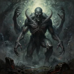 inconceivable otherworldly massive cthulu god rising from a grim landscape, epic painting by richard schmid. elder god lovecraft mythology