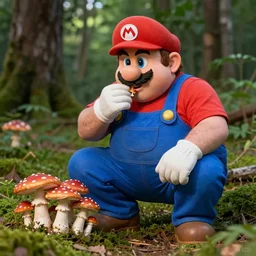 fat italian man dressed as mario eating wild mushrooms off the forest floor