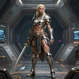 portrait of a beautiful full body female warrior elf default pose in a spaceport, d & d, fantasy, front light, intricate, muscular, highly detailed, digital painting, artstation, concept art, smooth, sharp focus, illustration, art by simon bisley and greg rutkowski and alphonse mucha, 8 k