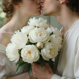 atmospheric beautiful men's lips kiss a bouquet of white delicate peony in the sunny room of his beloved wife, wrote renaissance michelangelo