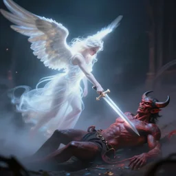 blurry photo of a glowing angel attacking fallen demon with a sword, ethereal, bizarre, motion blur, 4k detailes