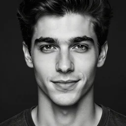 black and white close - up portrait shot, studio photograph of a male symmetrical handsome young andrea belluci the painter artist, casual clothes, smirking, intricate, elegant, highly detailed, hyper realistic, dark background, flickr, smooth, 4 k, 3 0 0 dpi, sharp focus, shot by canon