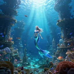 inside a an ethereal underwater mermaid city, extremely detailed, 8k, HDR, award-winning, octane render, trending on artstation, volumetric lighting