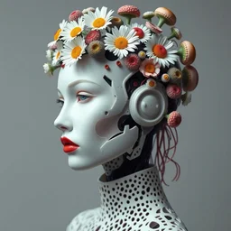 biomechanical beautiful woman portrait with a smooth carved porcelain ivory profile face, futuristic haute couture, iris van herpin, headdress with daisies, colorful puffballs, mushrooms, rhizomorphs, brackets, sponge corals, laser cut collar, red lips, cyberpunk, passiflora tendrils, hyper detailed, ultra sharp, 8 k, uhd