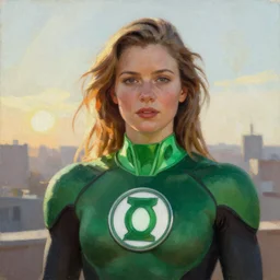 Female portrait of Green Lantern in the morning sun, Alex Ross, oil painting