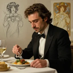 javier bardem eating dinner, character sheet, character design, contrast, deep focus, turnaround, highly detailed, dramatic lighting, digital painting, artstation, concept art, matte, sharp focus, illustration, elegant, art by artgerm and greg f and alphonse mucha.
